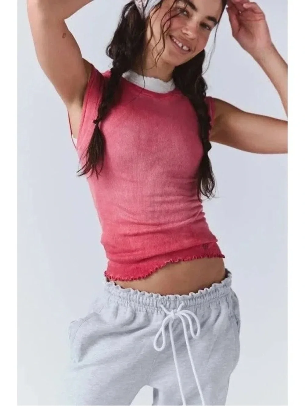 Free People Coral Pink Ribbed Lettuce-Edge Tank